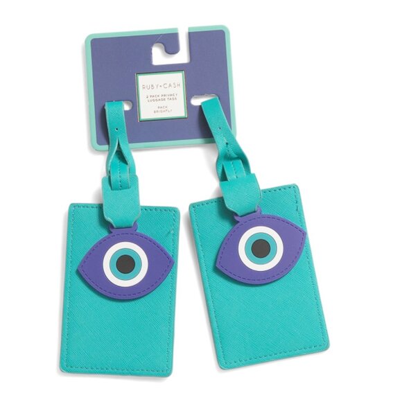 RUBY + CASH Blue 2pk Luggage Tags With Evil Eye Charm - Picture 1 of 2